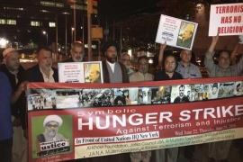 علامہ راجہ ناصرعباس کی بھوک ہڑتال کی حمایت  نیویارک میں اقوام متحدہ کے ہیڈ کوارٹر کے سامنے اہل تشیع کمیونٹی کی تین روزہ علامتی بھوک ہڑتال
